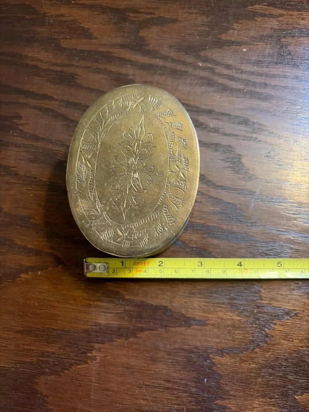 Vintage Indian Brass Oval Trinket Box With Engraved Floral Design